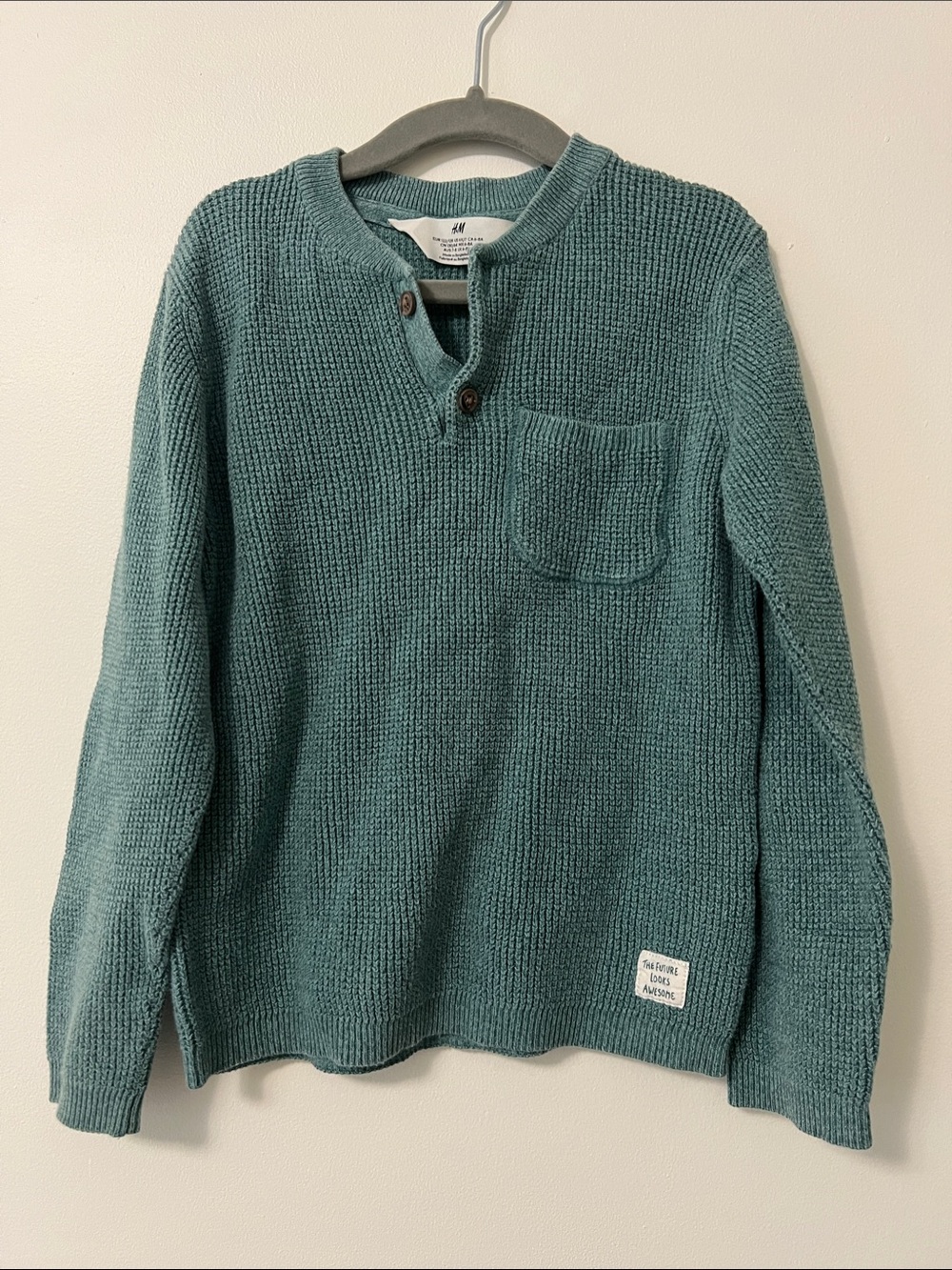 H&M Teal Crewneck Henley Sweater with Chest Pocket